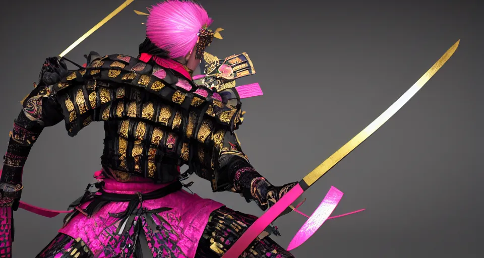 Prompt: a beautiful photo of a samurai warrior in a dynamic pose, black and pink and gold colors, high detail, glimmering samurai sword in 3d perspective deep rich colors, iridescent radiance, epic scale ultrawide angle, stunning, epic, great migration, cinematic, Artstation trending, octane render, hyperrealistic, Cryengine 8k UHD