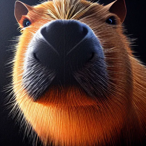 Image similar to a portrait of a capybara wearing, anatomically correct, beautiful perfect face, oil painting, matte, black background, volumetric dynamic lighting, highly detailed, cinematic lighting, unreal engine, 8 k, hd