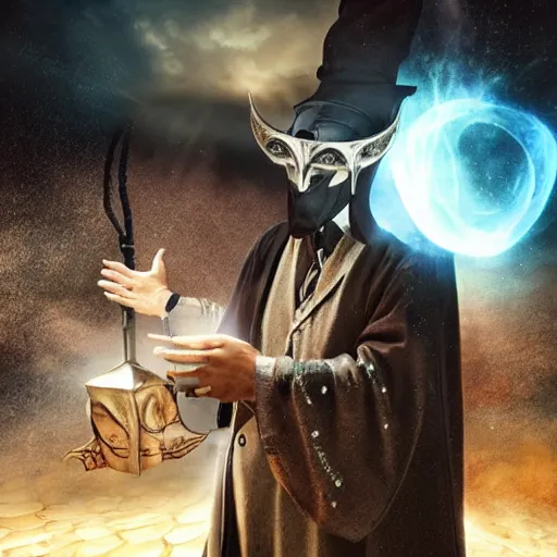 Image similar to sandman god of dreams wearing an plague - doctor mask, deliver me cosmic sight,, by patrick woodroffe, by igor morski, by lauri lipton, valley of the damned background, cinematic lighting, volumetric lighting, neosurrealism, realistic shadows, sandman, particle effects, rendered in octane, fantasy