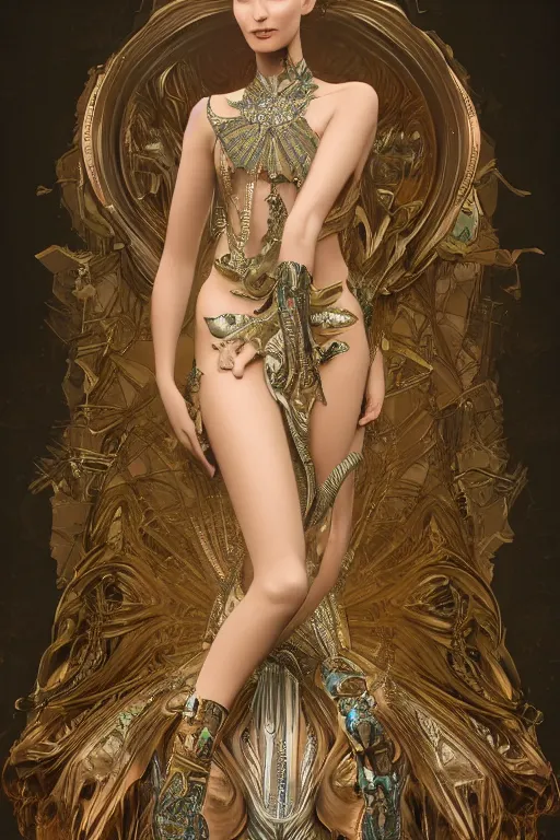 Image similar to a realistic portrait of a beautiful ancient alien woman goddess bella hadid standing in iris van herpen dress jewelery and fractals in style of alphonse mucha art nuvo dmt trending on artstation made in unreal engine 4