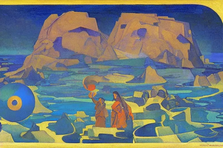 Image similar to the wake of the unseen object,by Nicholas Roerich and William Dyce and Diego Rivera, symbolist, dramatic lighting, elaborate geometric ornament, cool blue and green colors, Art Brut, smooth, sharp focus, extremely detailed