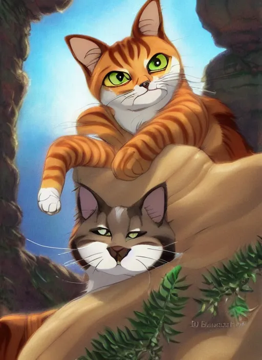 Image similar to official digital painting artwork of a cat character by don bluth, ross tran and studio ghibli.