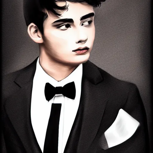Image similar to 1 6 year old black suit white shirt, black bowtie, black haired royal garment man, determined, fearless, sharp looking portrait, digital art