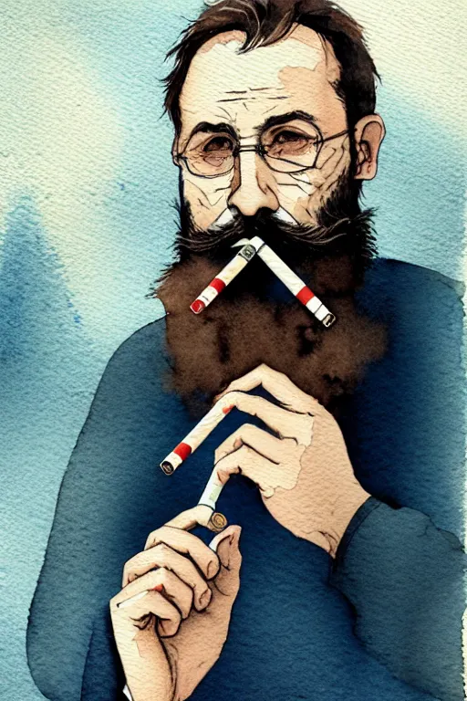 Image similar to portrait of a middle - aged writer with a beard, he is smoking a cigarette, watercolor style of greg rutkowski