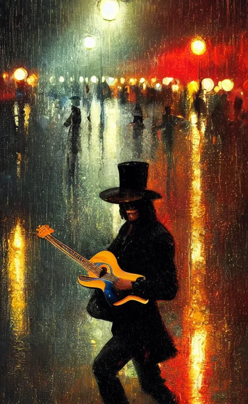 Image similar to a painting of slash playing the guitar, rainy night, lights, particles, depth of field, raindrops, crowd, lights, top hat by greg rutkowski, featured on artstation