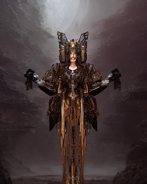 Prompt: a dark sci fi matte painting portrait of a graceful mech priestess wearing a massive ornate headdress made of realistic metal and sci fi armor, art deco, cinematic lighting, smooth, dark sci fi, unreal engine, octane render, by vitaly bulgarov, golden rule, subject in center of frame, fog volumes, cgsociety
