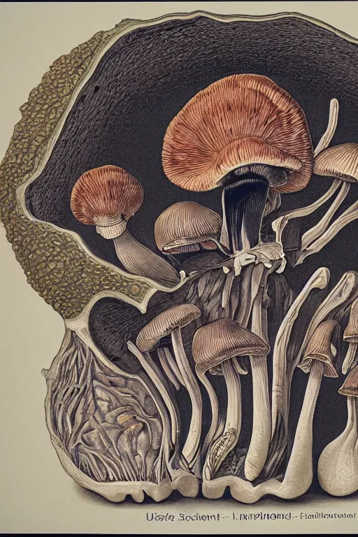 Prompt: scientific illustrated plate of mushroom anatomy