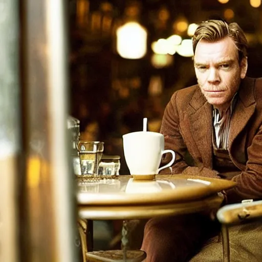 Image similar to ewan mcgregor is sitting at table in a cafe at paris in early 2 0 th century. atmospheric feeling, warm colours, brown colours, yellow colours, epic scene, cinematic, very detailed