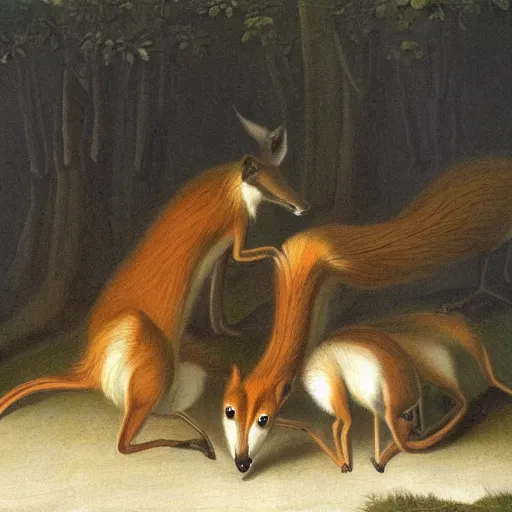 Image similar to group of long necked fox wolf rats wearing clothes, by george stubbs, oil painting