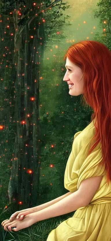 Prompt: infp young woman, smiling, amazed by golden fireflies lights, sitting in the midst of nature fully covered, long loose red hair, intricate linework, green eyes, small nose with freckles, oval shape face, realistic, expressive emotions, dramatic lights, spiritual scene, hyper realistic ultrafine art by cecco del caravaggio and albert bierstadt and artgerm