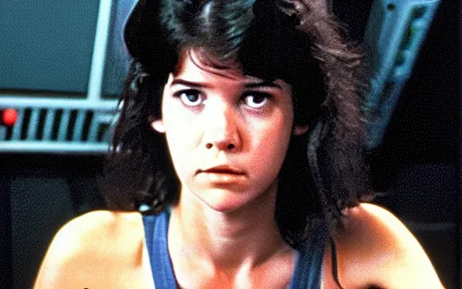 Prompt: full - color cinematic movie still from the 1 9 7 9 film alien starring young phoebe cates as lieutenant ripley. detailed facial - features ; suspense ; action.