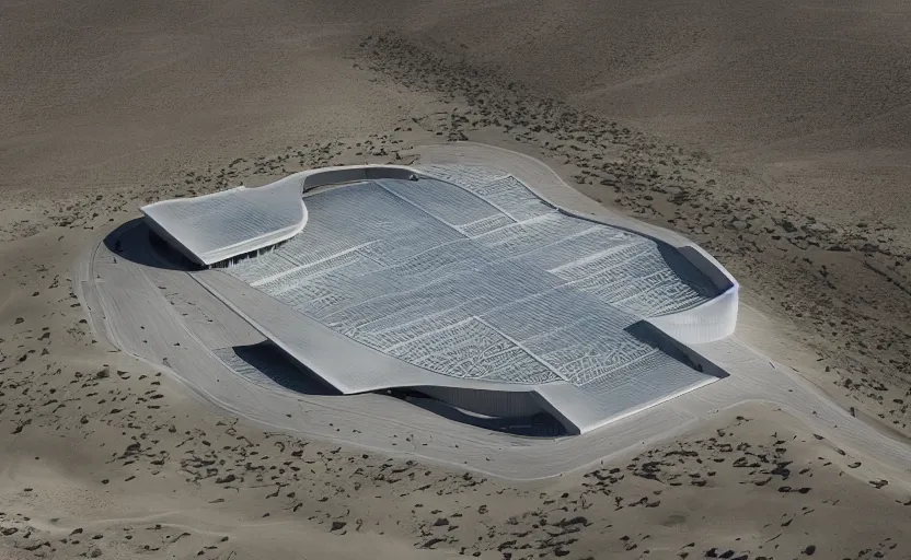 Image similar to parametric structure, medical complex, in the desert beside the gulf, view from above, design by peter zumthor, dezeen, architectural photography