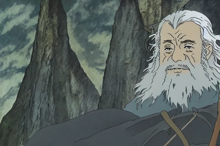 Image similar to gandalf in the anime lord of the rings by studio ghibli, movie still frame, very detailed, artwork by hayao miyazaki, kentaro miura, satoshi kon, high quality, sharp image, high resolution, hd, 7 2 0 p, 4 k