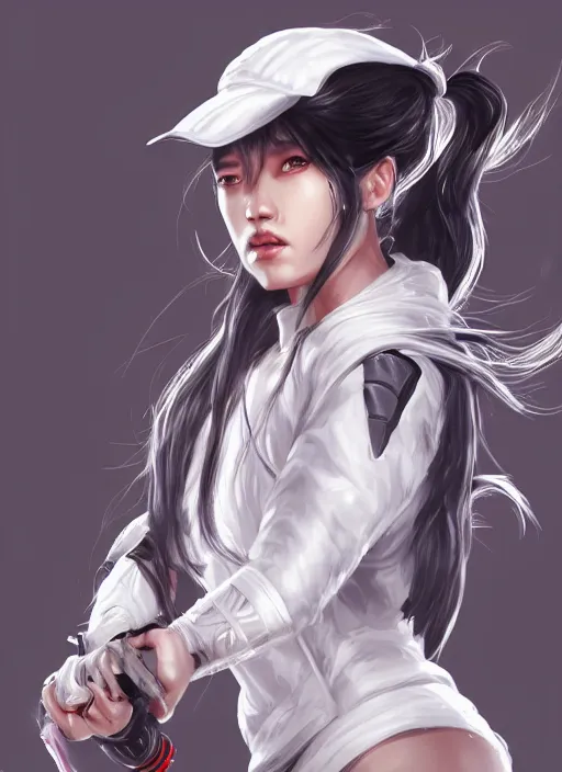 Prompt: a highly detailed illustration of fierce tall amazon messy ponytail black haired one armed delinquent asian woman wearing white cap wearing long white jacket with cape, dramatic wielding sword pose, muscular, intricate, elegant, highly detailed, centered, digital painting, artstation, concept art, smooth, sharp focus, league of legends concept art, wlop.