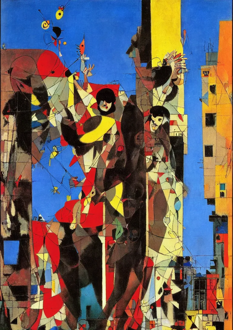 Prompt: a punk latino greek god searching for a watchful light through the streets of a city, bold color scheme, sparse detail, by george luks, joan miro and moebius