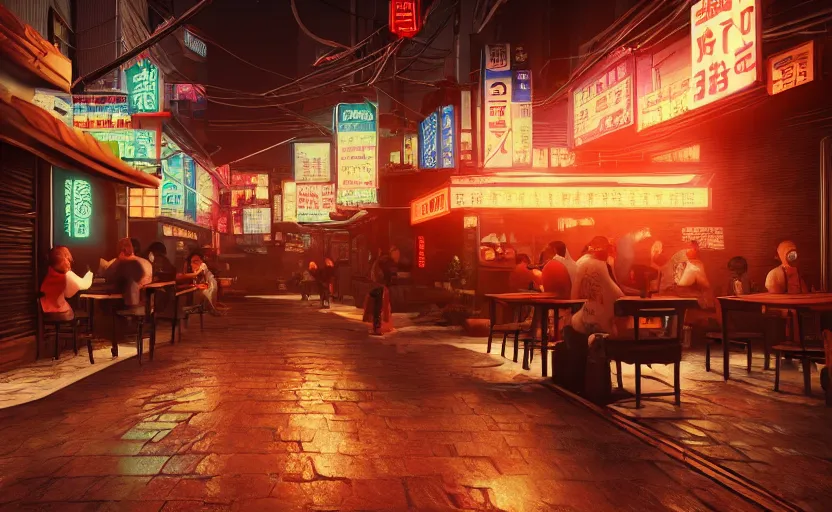 Image similar to a small cozy ramen restaurant in a busy thriving cyberpunk street at night, trending on cgsociety, unreal engine, 4 k wallpaper