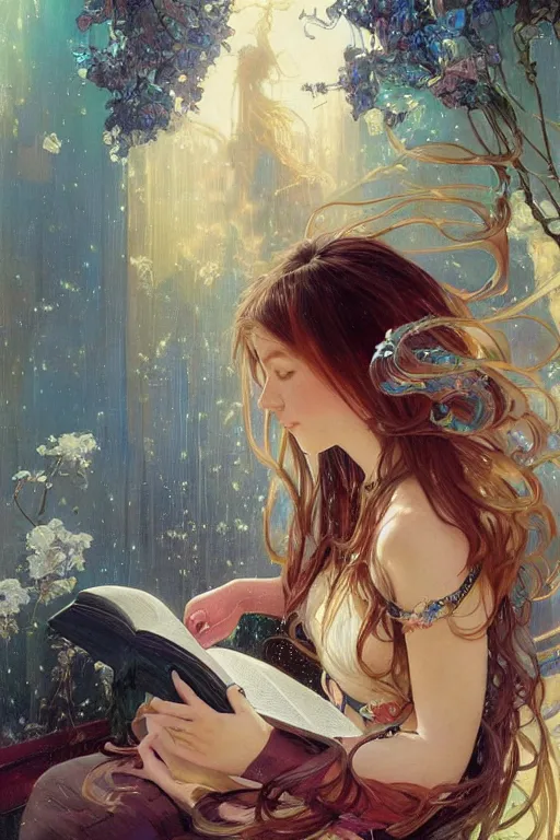 Prompt: an hyper intricate oil painting of a girl reading a book!!!!!, hyper detailed hair flowing down, excellent composition, by yoshitaka amano, by greg rutkowski, by alphonse mucha, by rhads, by ross tran, trending on artstation