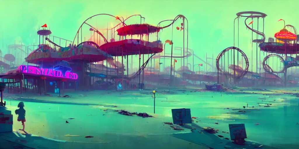 Image similar to concept art of a polluted beachfront with a broken pier and abandoned amusement park attractions, grimy, gritty, trending on artstation, award winning painting, cgi, art by anton fadeev and john howe and simon stalenhag