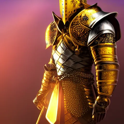 Image similar to a highly detailed knight with glowing purple eyes in a T golden helmet and a golden crown with a blue diamond in the center, golden armor, leather clothes under the armor, leather gloves, holds a black sword, artstation, DeviantArt, professional, octane render, sunset lighting