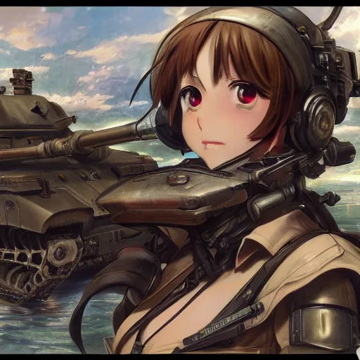 Image similar to A Tank with the Face of a Beautiful Anime Girl, detailed, centered, digital painting, artstation, concept art, donato giancola, Joseph Christian Leyendecker, WLOP, Boris Vallejo, Breathtaking, 8k resolution, extremely detailed, beautiful, establishing shot, artistic, hyperrealistic, beautiful face, octane render, cinematic lighting, dramatic lighting, masterpiece