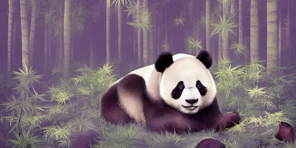 Image similar to beautiful aesthetic digital illustration of a relaxed panda surrounded by an endless forest of weed wlop and Julia Razumova, realistic, photorealistic, hyperrealistic, unreal engine, octane, deviantArt, trending on artstation, artstation HQ