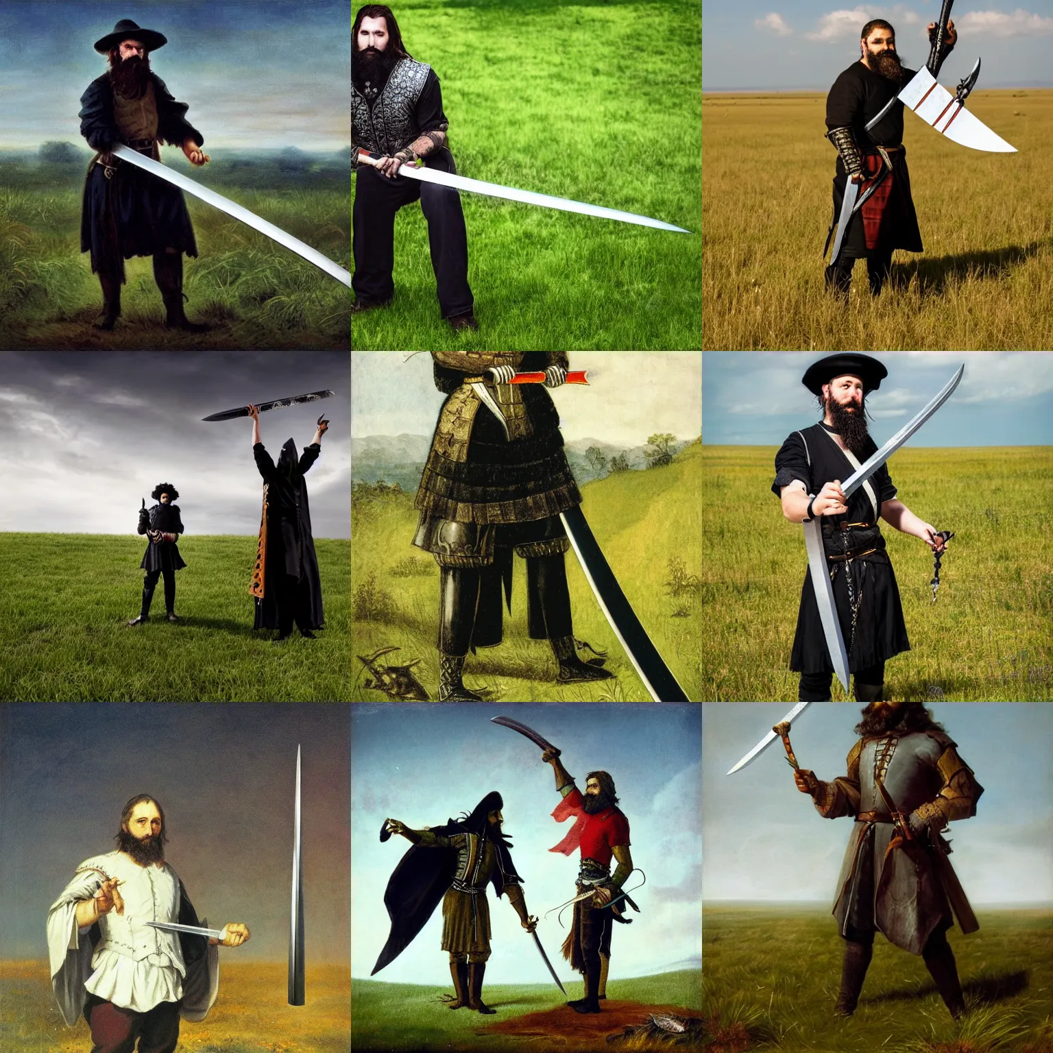 Prompt: a sword held by a black jack wearing bearded man standing in a grassy field