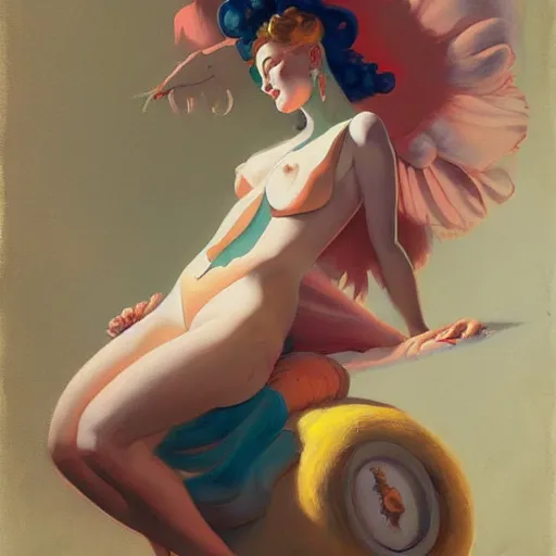 Prompt: a painting in the style of gil elvgren and in the style of peter mohrbacher.