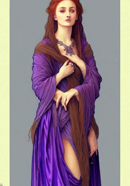 Image similar to sansa stark in purple dress with long hair, intricate, elegant, highly detailed, digital painting, artstation, concept art, smooth, sharp focus, illustration, art by artgerm and greg rutkowski and alphonse mucha and william - adolphe bouguereau