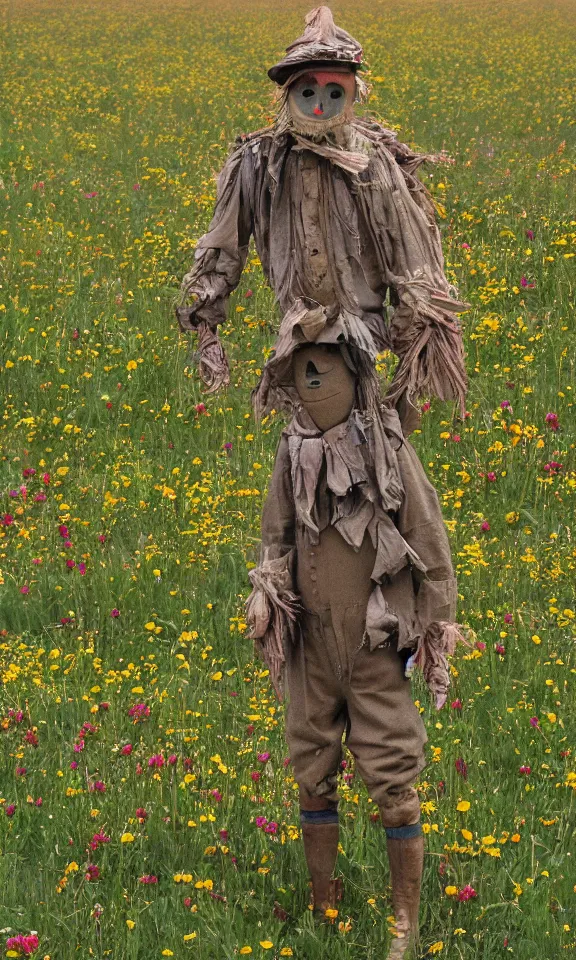 Image similar to human-like scarecrow wearing torn military clothes in beautiful meadow of flowers, ww1 photo, grainy, high detail, high resolution,