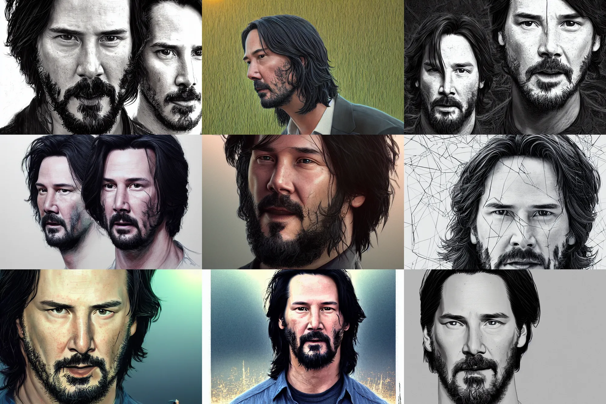 Prompt: portrait isometric drawing, printerest, close-up grass growing keanu reeves, intricate, epic lighting, cinematic composition, hyper realistic, 8k resolution, unreal engine 5, by Artgerm, tooth wu, dan mumford, beeple, wlop, rossdraws, James Jean, Andrei Riabovitchev, Marc Simonetti, yoshitaka Amano, Artstation