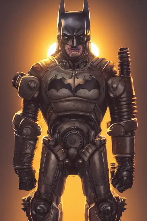 Image similar to batman hardmesh retro futurist steampunk fallout 7 6 power armor, hyper realistic, art cover, official fanart behance hd artstation by jesper ejsing, by rhads, makoto shinkai, final fantasy, unreal engine highly rendered, global illumination, radiant light, intricate environment radiating a glowing aura global illumination ray tracing hdr