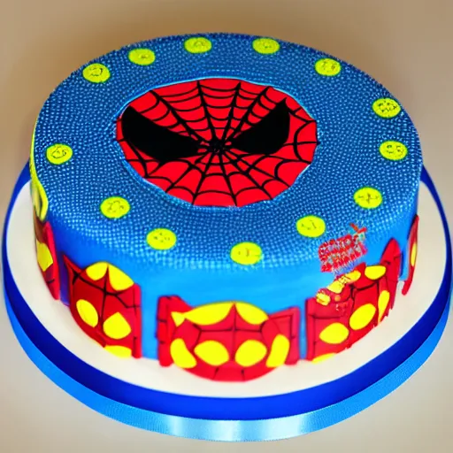 Image similar to a funny picture of a spiderman themed birthday cake, goofy face, 8 k, 4 k, delicious