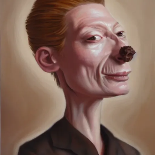 Prompt: an caricature of a young tilda swinton smoking a cigar, realistic oil painting by Mahesh Nambiar, trending on art station, 4K