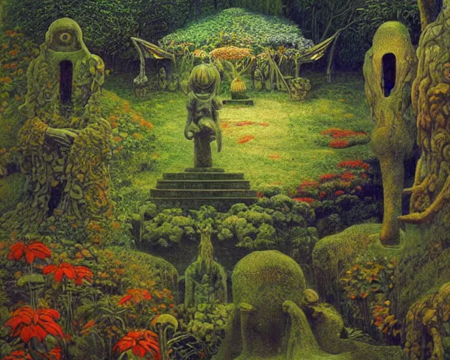 Prompt: a pagan luscious garden with amazing little altars and japanese plants with a gigantic statue of an ancient god stretching its arms above the garden by beksinski, digital art, oil painting, colorful, artstation, australian tonalism escher