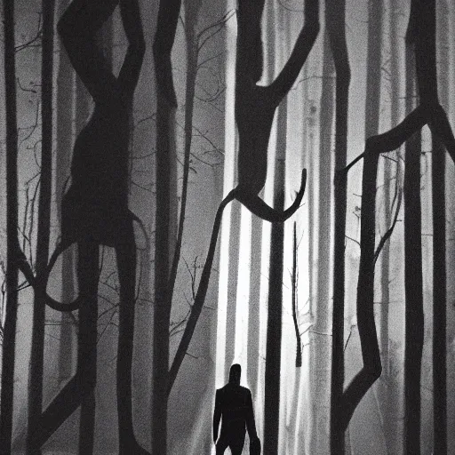Image similar to a smudged, scratched, grainy and blurry photograph showing the whole body of a slender man dynamically and frenetically moving in a dark room. his dance is wild and unpredictable. in the creepy woods, night time, flash lights.