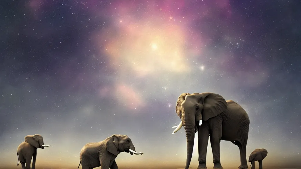 Prompt: elephant looking in the night savannah starry sky, digital art, trending on artstation