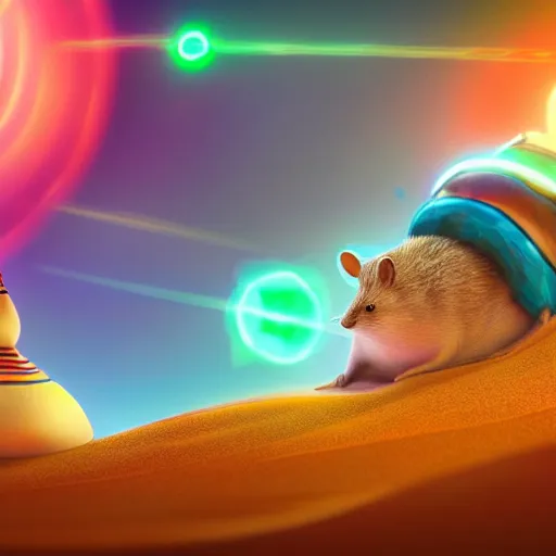 Prompt: a fat sand mouse with a kippah conducting a physics research, colorful digital art, cyberpunk, highly detailed, award winning, trending on artstation