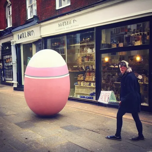 Image similar to “a shop called NAHHH selling giant eggs on Marylebone High St”