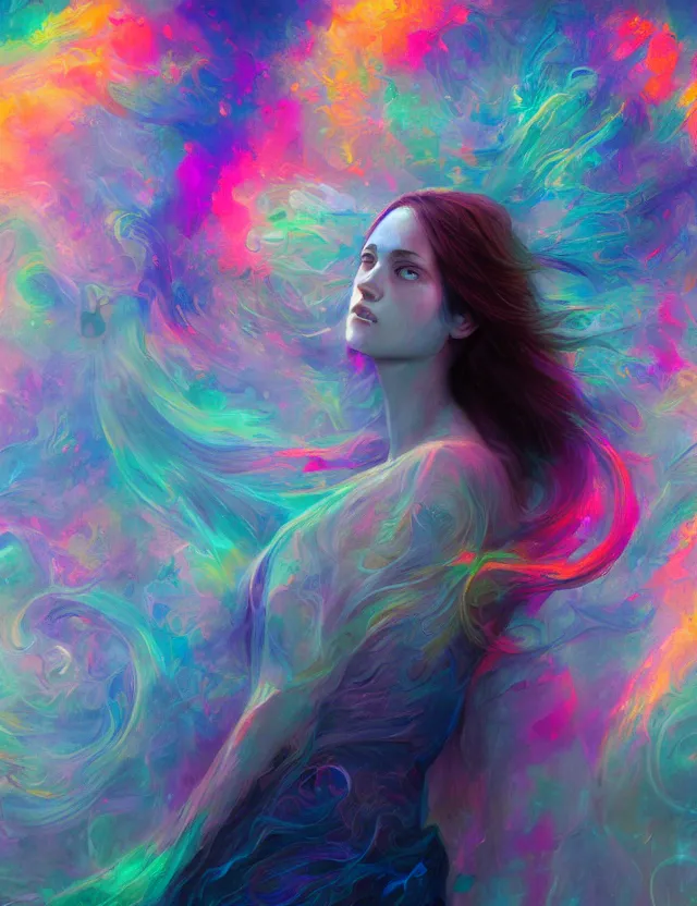 Prompt: A woman made of mist, in a colorful atmosphere, masterpiece digital painting by Alex Grey, Greg Rutkowski, 4k wallpaper