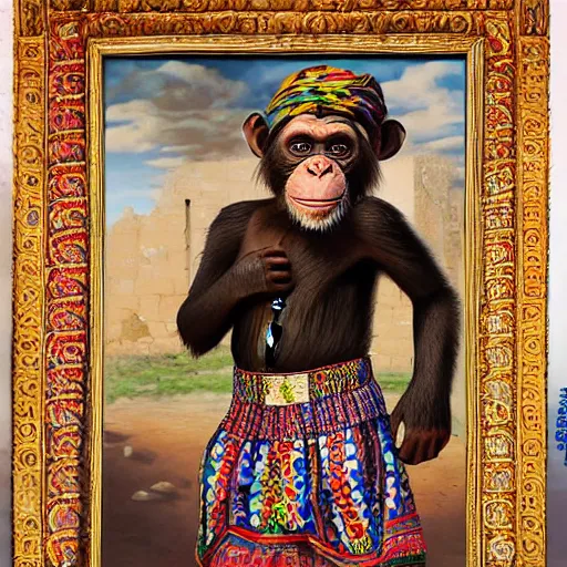 Image similar to beautiful painting by sophie anderson of a chimpanzee wearing kurdish clothes in a kurdish village, award winning art, insanely detailed, bright colors, global illumination, cute, young, stunning