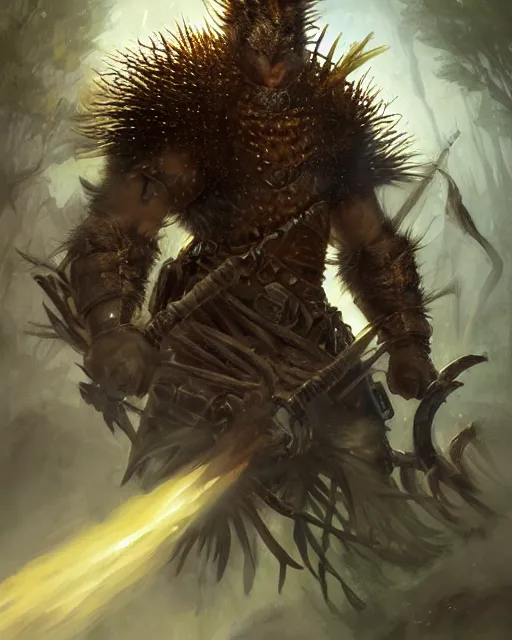 Image similar to Porcupine warrior in armor, portrait, woodlands, magic the gathering artwork, D&D, fantasy, cinematic lighting, centered, symmetrical, highly detailed, digital painting, artstation, concept art, smooth, sharp focus, illustration, volumetric lighting, epic Composition, 8k, art by Akihiko Yoshida and Greg Rutkowski and Craig Mullins, oil painting, cgsociety