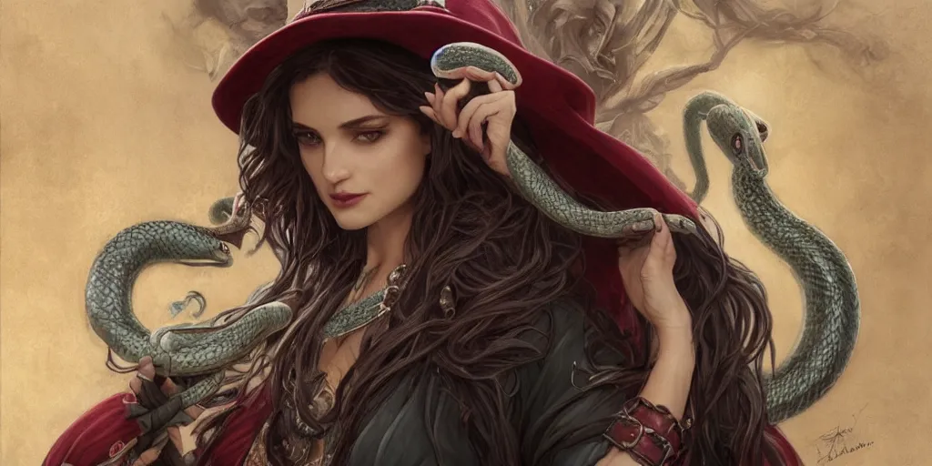 Image similar to red hat wizard woman with snakes in her dark hair, hydra, deep focus, intricate, elegant, highly detailed, photorealistic rendering, sharp focus, illustration, hearthstone, art by artgerm and greg rutkowski and alphonse mucha