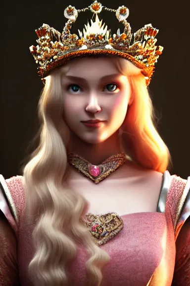 Image similar to very very intricate photorealistic photo of a realistic human version of princess peach wearing her crown in an episode of game of thrones, photo is in focus with detailed atmospheric lighting, award - winning details