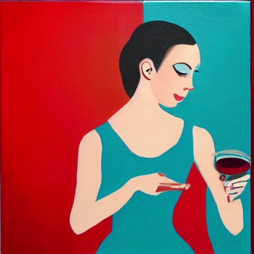 Image similar to square painting of a ballerina drinking wine in a teal room all on a red background