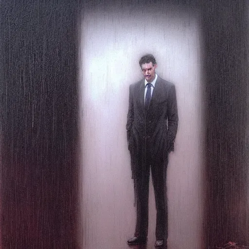 Image similar to patrick bateman standing in the rainy dark streets, portrait, wlop, beksinski and greg rutkowksi, beautiful ambience