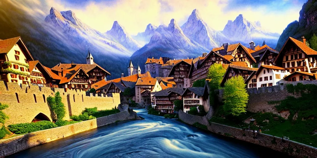 Prompt: view of medieval walled city nestled in a mountain with small river flowing through center, large castle high up in a mountain peak in the background, alpine architecture, half - timbered, tudor style houses, chalet, soft colors, cozy, very beautiful, intricate, majestic, concept art, artgerm, james gurney, trending on art station