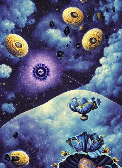 Image similar to detailed, intricate blue black and purple papaverum flower on the field, nebula, galaxy in the sky, winning award masterpiece, fantastically beautiful, illustration, aestheticly inspired, jacek yerka, upscale with anguissola sofonisba work, artstation, 8 k