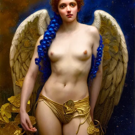 Image similar to highly detailed oil painting | very intricate | cinematic lighting | award - winning | the beautiful angel jupiter wearing a lapis lazuli toga | by roberto ferri, by tom bagshaw, by j. c. leyendecker and klimt, beautiful cinematic light, american romanticism, by austin osman spare, artstation, cgsociety, official art, octane