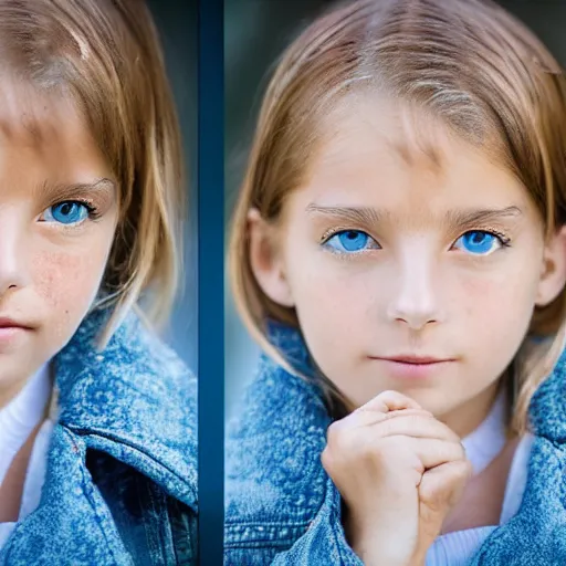 Image similar to a little portuguese girl with white - fair!!!!! skin, dirty blonde hair and blue eyes, wearing a disney land coat and blue jeans, 4 k, 8 k, photorealistic facial features