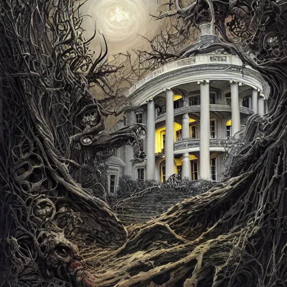 Prompt: the white house, apocalyptic, gerald brom, hyper detailed, 8 k, fantasy, dark, grim